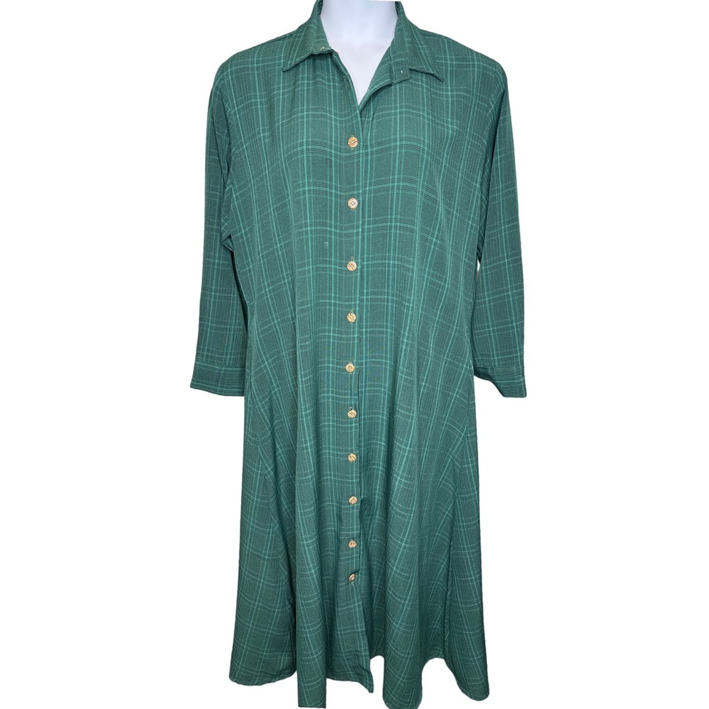 VTG Womens Green Plaid Button Front Maxi Shirt Dress Sz‎ XXL Modest Grunge 90s
